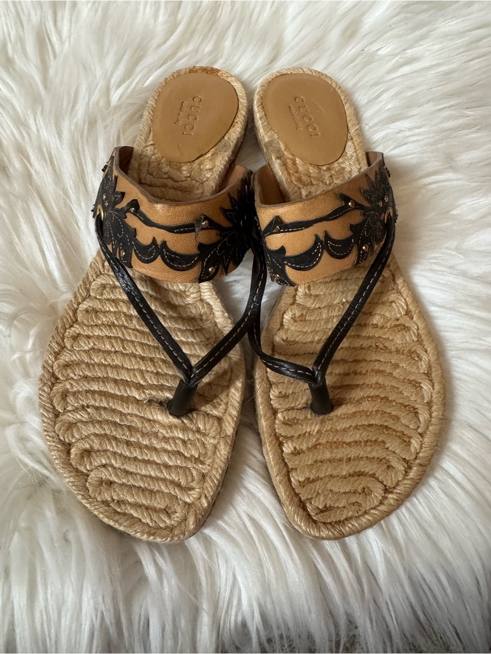 Tan and Black Floral Applique Rope Thong Sandals